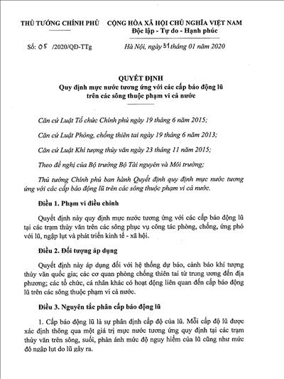 Quyết định quy định mực nước tương ứng với các cấp báo động lũ trên các sông thuộc phạm vi cả nước