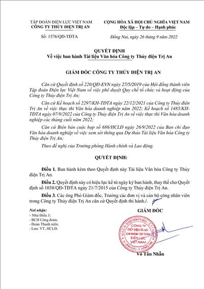 Quyết định về việc ban hành Tài liệu Văn hóa Công ty Thủy điện Trị An
